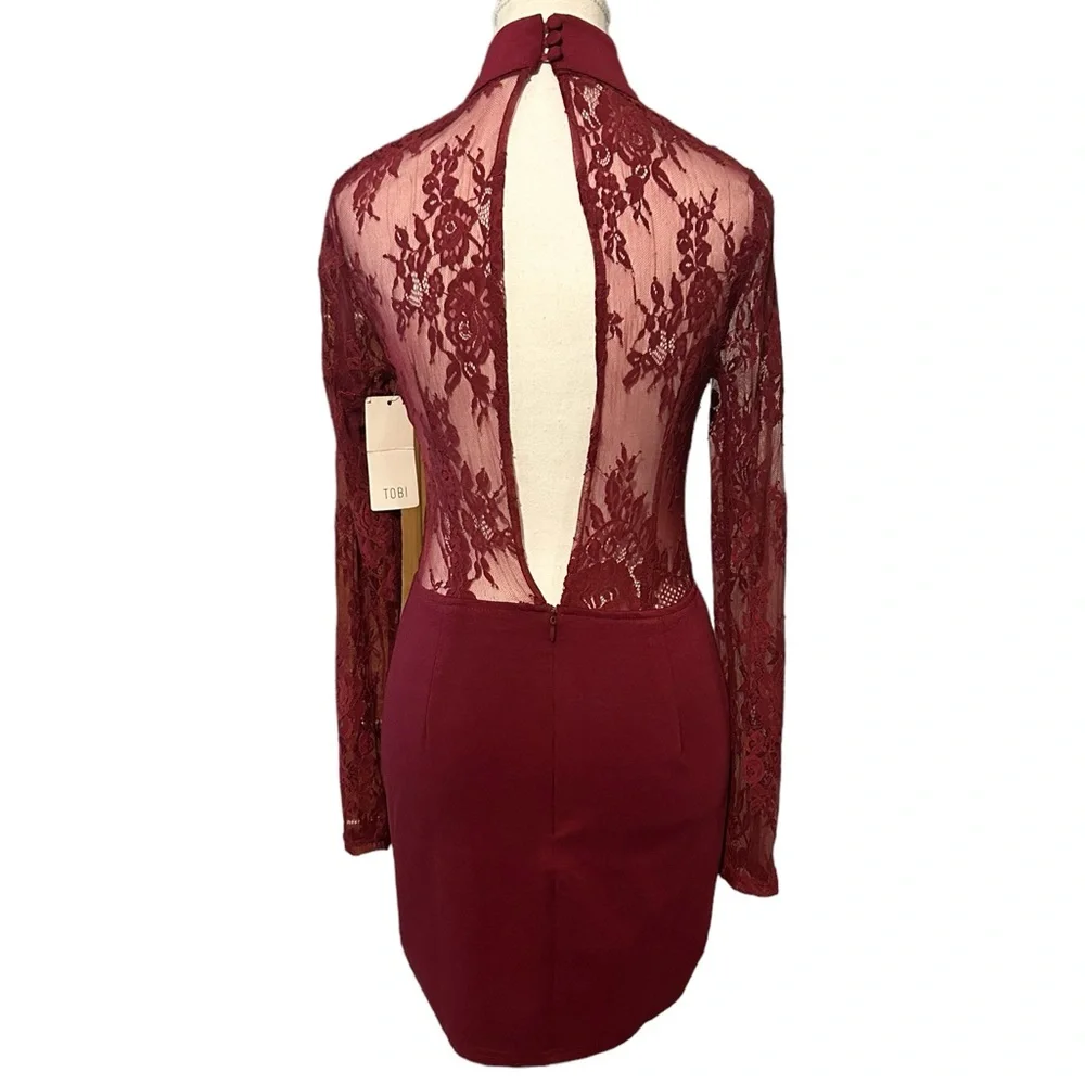 TOBI High Neck Backless Maroon Bodycon Dress w/ See-Thru Lace - Picture 3 of 13